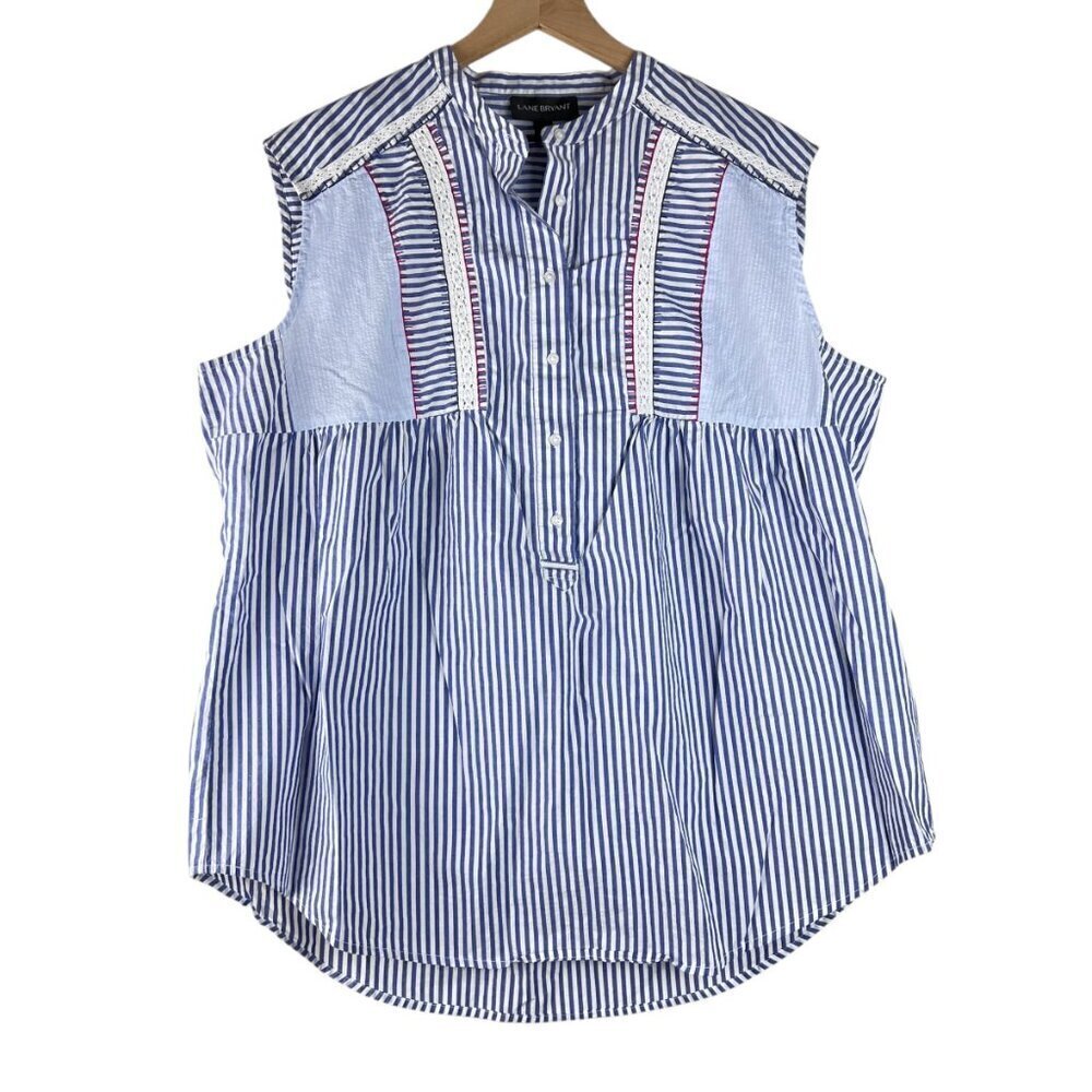 Lane Bryant Blue White Striped Crochet Neck Sleeveless Popover Top
